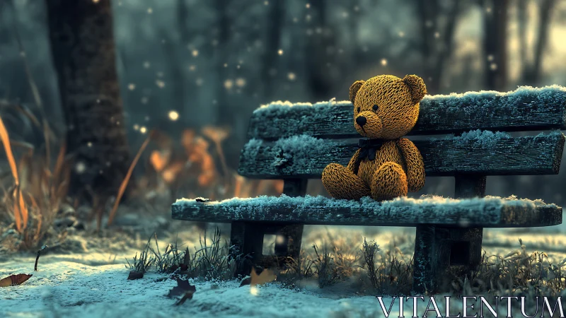 Textured teddy bear on frosted wooden bench in winter dusk