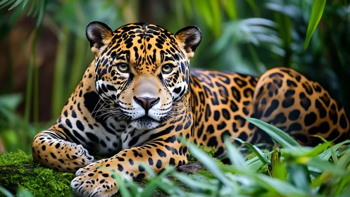 Golden jaguar resting calmly in lush emerald jungle light.