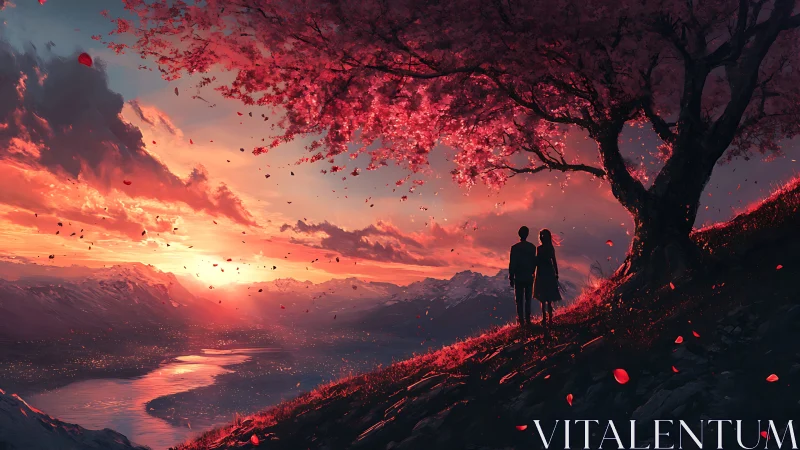 Sunset valley under sakura canopy with silhouetted couple.