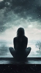 Silhouetted figure observes stormy lakeside through driving rain