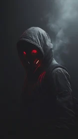 Midnight hooded phantom glows with sharp neon red eyes