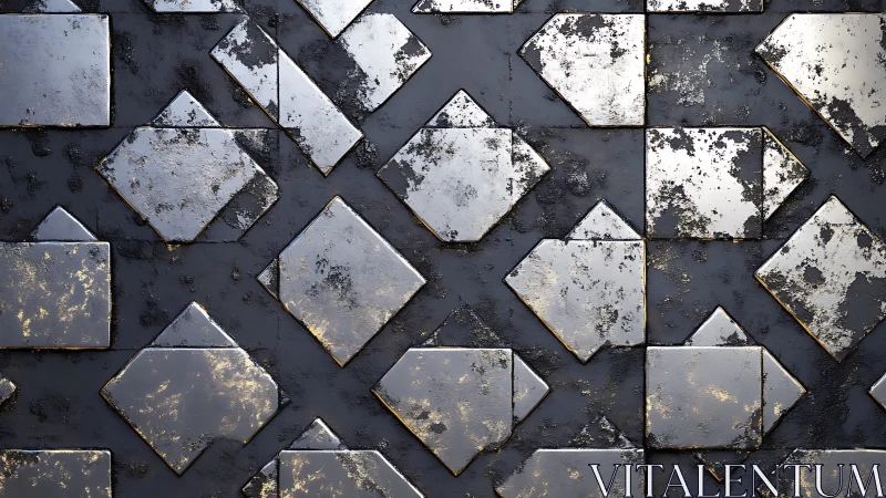Metallic geometric wall pattern with worn diamond tiles.