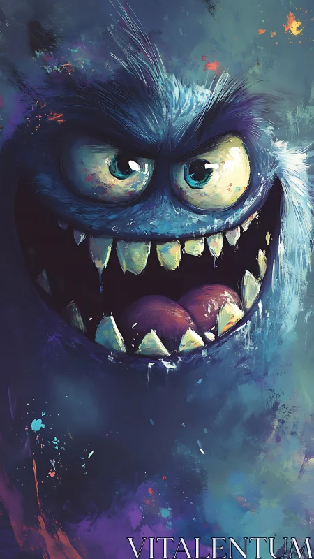 Furious blue monster portrait with glowing splatter highlights.