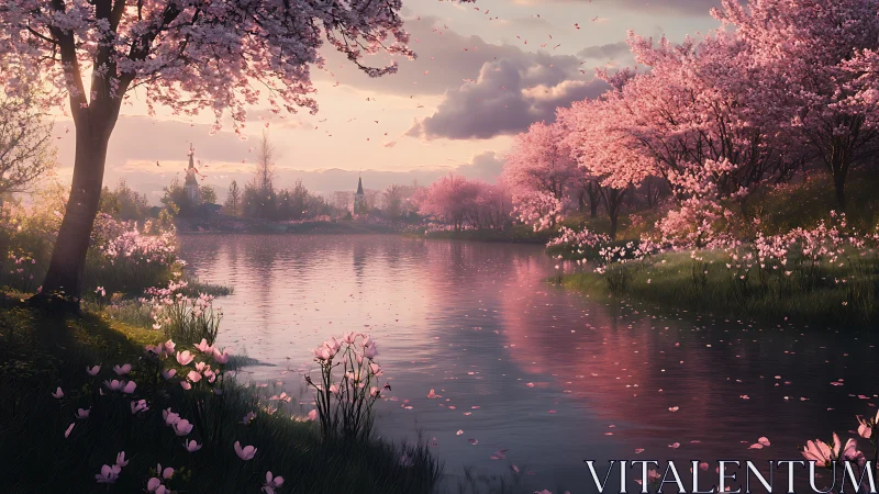 Gentle spring river under drifting pink blossom skies.