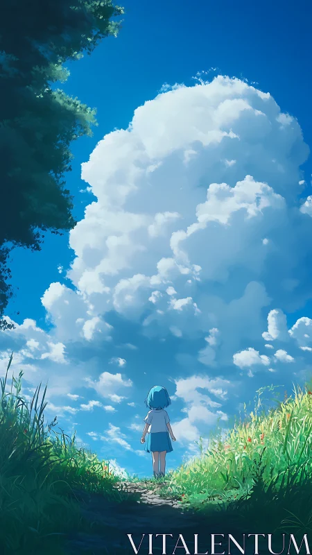 Girl under towering summer clouds on sunlit grassy path.