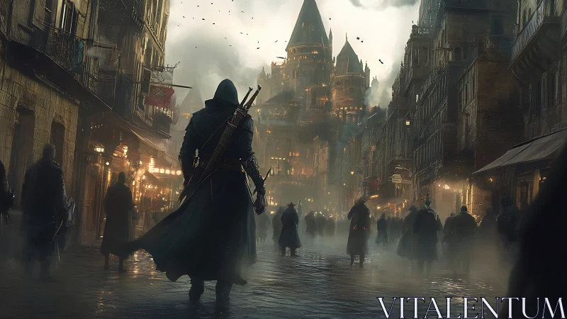 Cloaked wanderer in foggy medieval boulevard, digital painting.