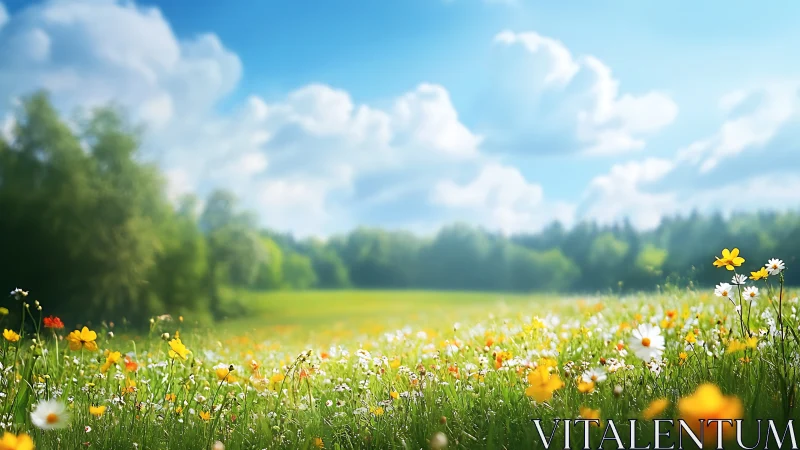 Sunlit wildflower meadow humming beneath wide blue skies.