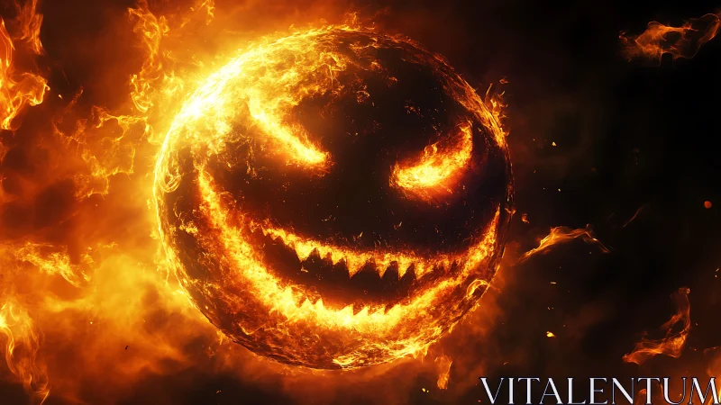 Solar pumpkin demon ignites space with molten Halloween grin.