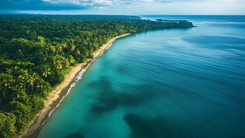 Tropical coastline with turquoise bay and dense palm forest.