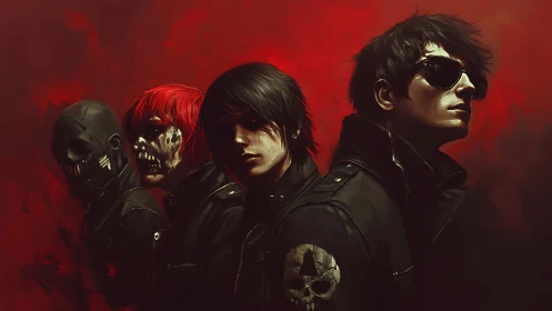 Four stylized figures stand in profile before red background