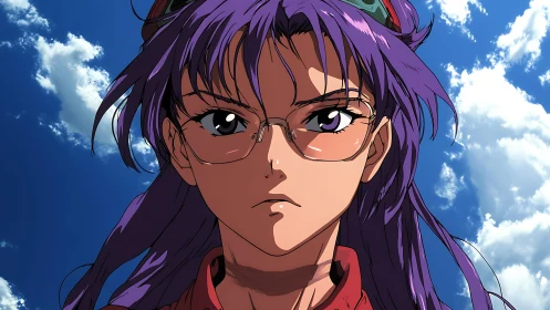 Purple haired anime character with glasses under sky.