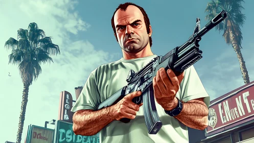 Bold gunman stands ready on a tense city street backdrop