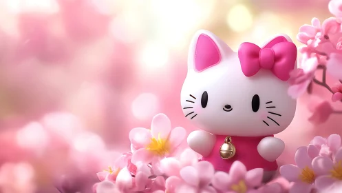 Cute pink cat figurine among soft cherry blossoms.