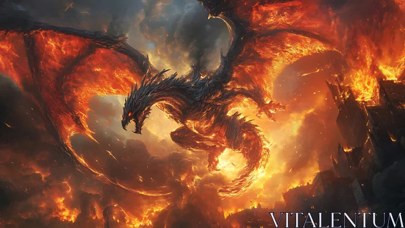 Winged dragon over burning city in dense firestorm.