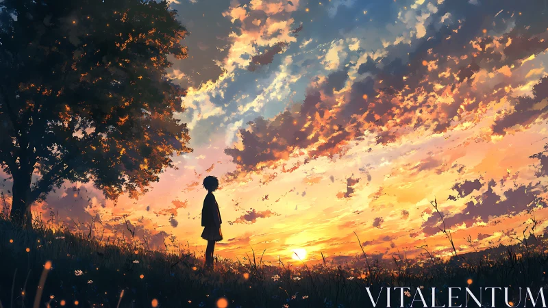 Solitary figure observing vivid sunset sky from hillside.