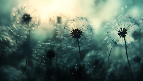 Dreamlit dandelion seeds drifting through quiet twilight.