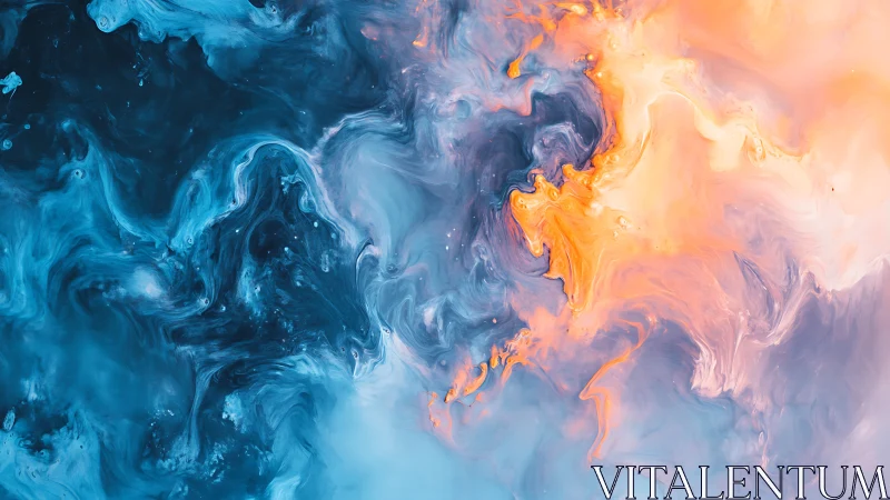 Abstract blue and orange fluid ink clouds in motion.
