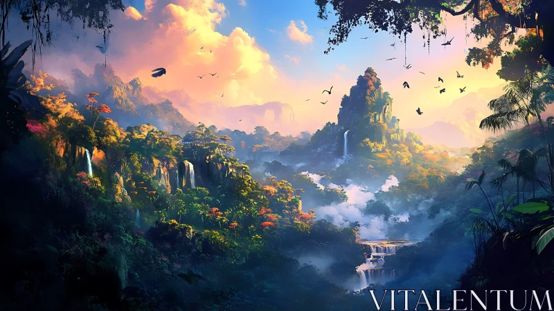 Hidden mountain waterfalls glow in a dreamy sunrise valley