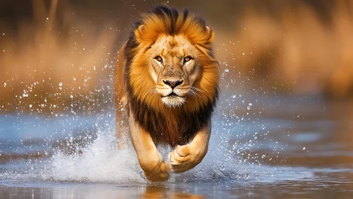 Hydrodynamic sprint of male lion captured in telephoto precision.