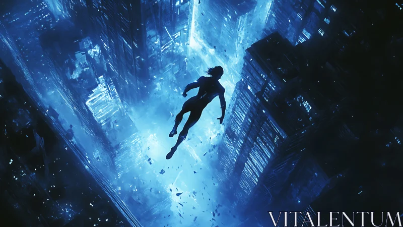 Lone dreamer drifting through a glowing blue city abyss.