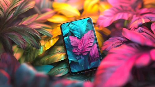 Vibrant smartphone amidst colorful tropical leaves, digital art style.
