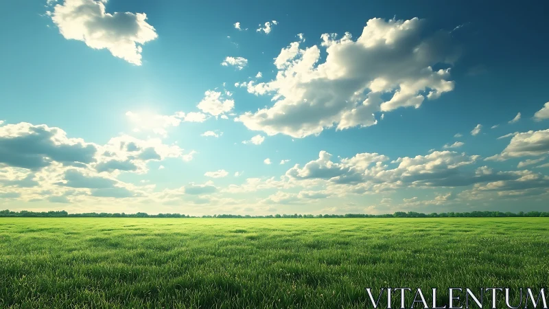 Endless green meadow under wandering afternoon clouds.