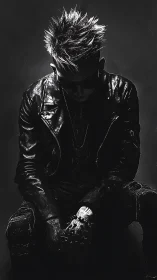 High-contrast leather-clad figure in dramatic chiaroscuro lighting