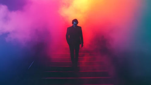 Silhouetted figure descends neon stairs through radiant fog