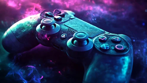Neon Gaming Controller in Cyberpunk Setting.