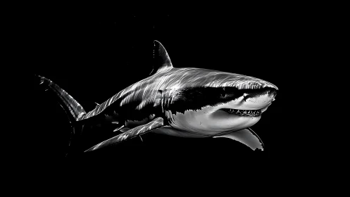 Monochrome great white shark isolated on black background.