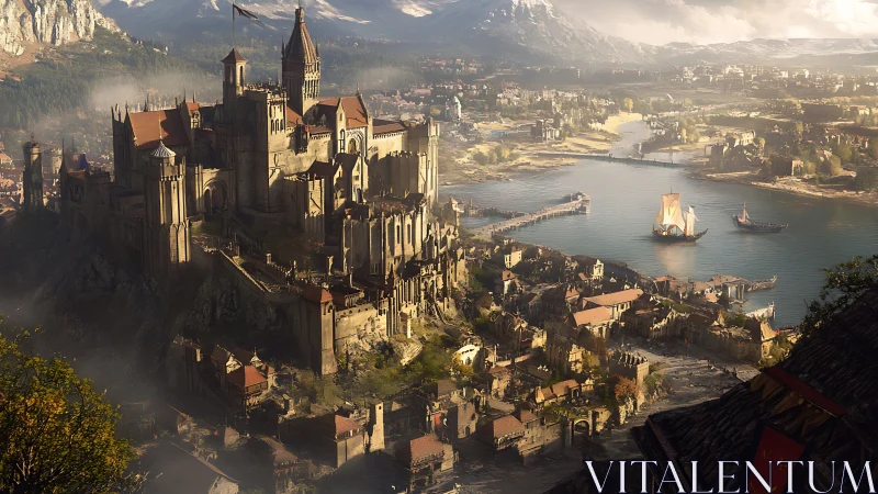 Riverside fortified cathedral city under morning mist light