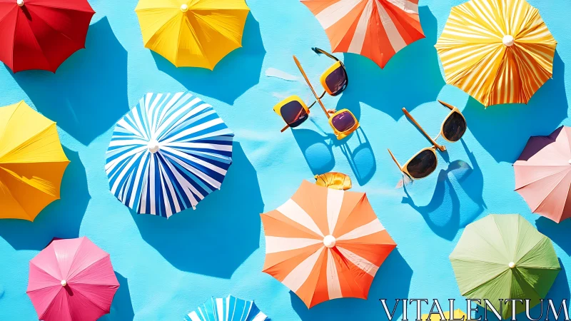 Sunny beach umbrellas and playful sunglasses in bright color.