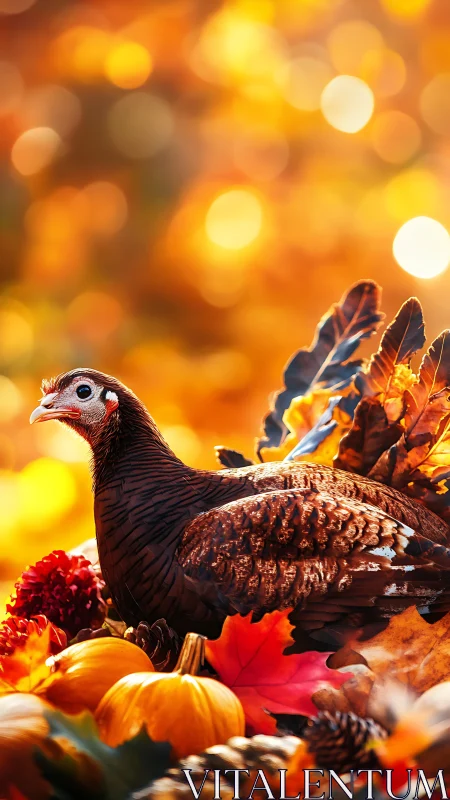 Wild turkey with iridescent plumage positioned against warm bokeh background with autumn foliage