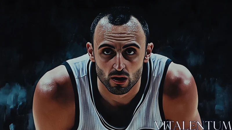 Male basketball player in white jersey under dark backdrop.