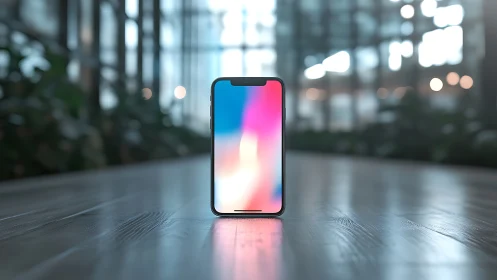 Bezel-less smartphone stands on reflective office floor.