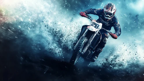 Motocross rider powers through explosive blue dirt storm.