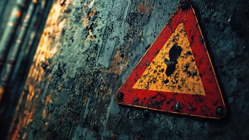 Rusty radioactive warning sign on decayed industrial wall.