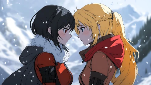 Snowy mountain moment where two close friends stand face to face