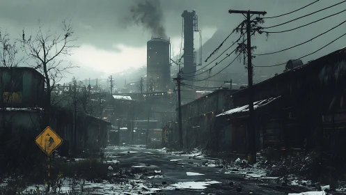 Deserted industrial roadway under cold relentless rainfall.