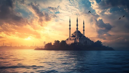 Mosque with three minarets positioned on peninsular terrain during golden hour conditions.