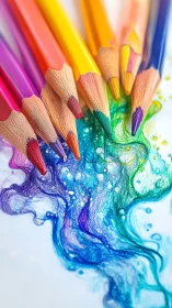 Colorful pencils spill joyful waves of swirling rainbow art