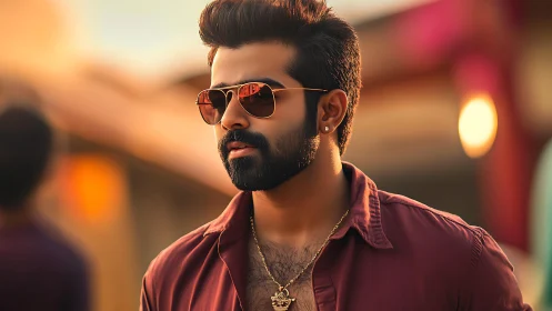 Bearded man in sunglasses against blurred urban backdrop.