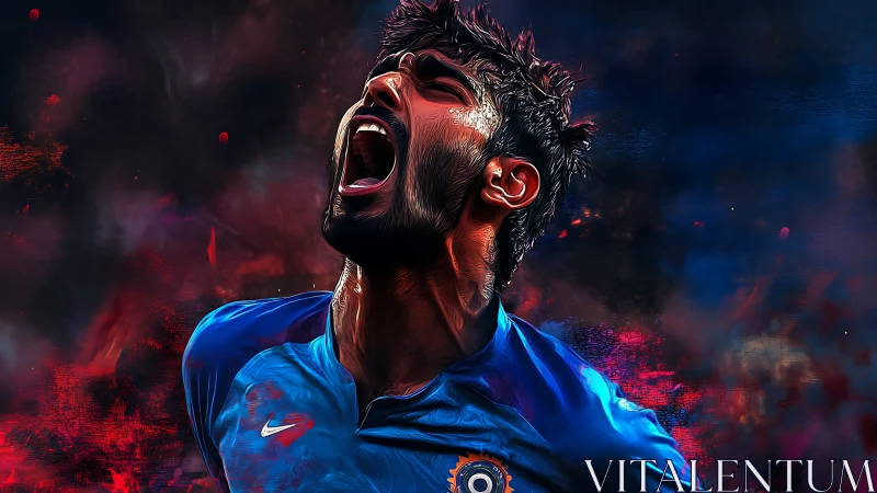 Cricket player roars in triumph amid swirling red blue haze