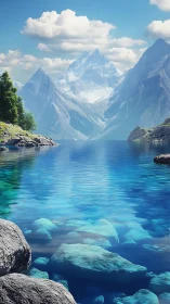 Mountain lake with clear water and distant snowy peaks.