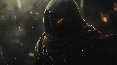Hooded armored figure with glowing visor in backlit particle field