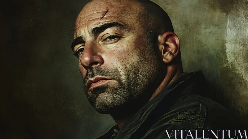 Weathered portrait of a strong, thoughtful bald man.