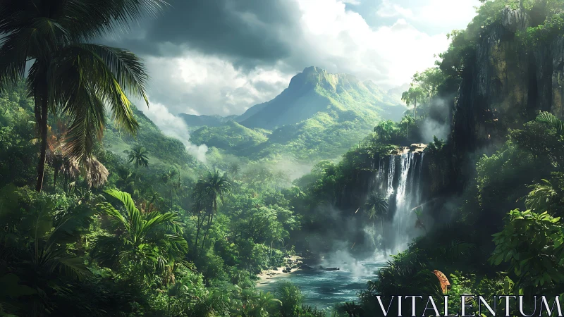 Lush tropical waterfall valley under dramatic storm skies.