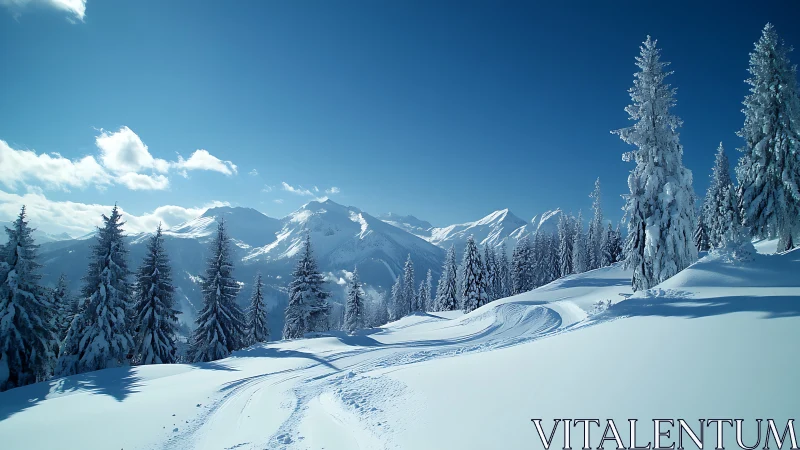 Snow-laden conifer slope with distant alpine ridge under clear sky