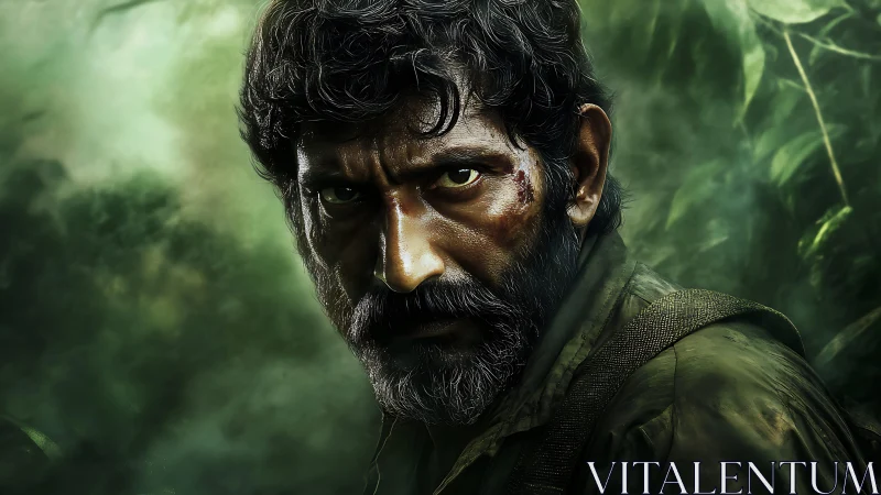 Wounded man stares intensely through dense jungle haze