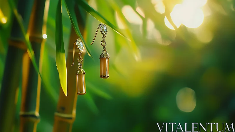 Sunlit bamboo holds delicate golden earrings in soft focus